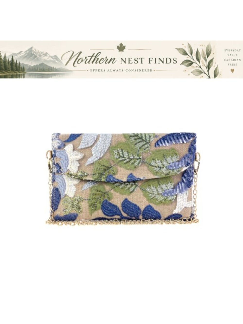 Sequin Floral Embroidered Clutch Evening Bag Detachable Chain